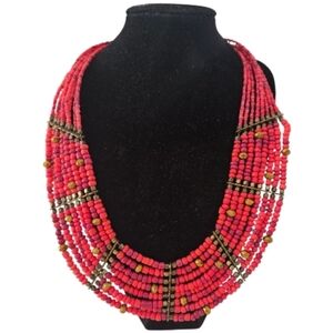 Boho Multi-Strand Coral Beaded Statement Collar Type Necklace